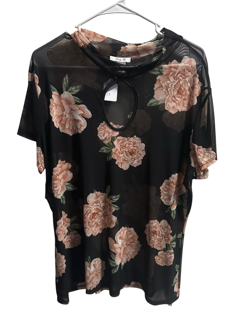 Brandy Blu Black Mesh Keyhole Top with Peach Floral Print size 2X